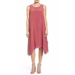 Eileen Fisher Jewel Neck Handkerchief Midi Dress Rosewood Silk Size Large